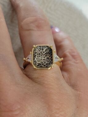 Gold Leopard Print Statement Ring with Clear Accent Stones